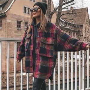 Zara Plaid Red Wool Blend Overshirt Bloggers Favorite Size XS-S